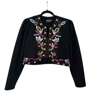 Karen Lawrence by Matthew Beaded Cropped‎ Jacket Black Embroidered Bolero 80s